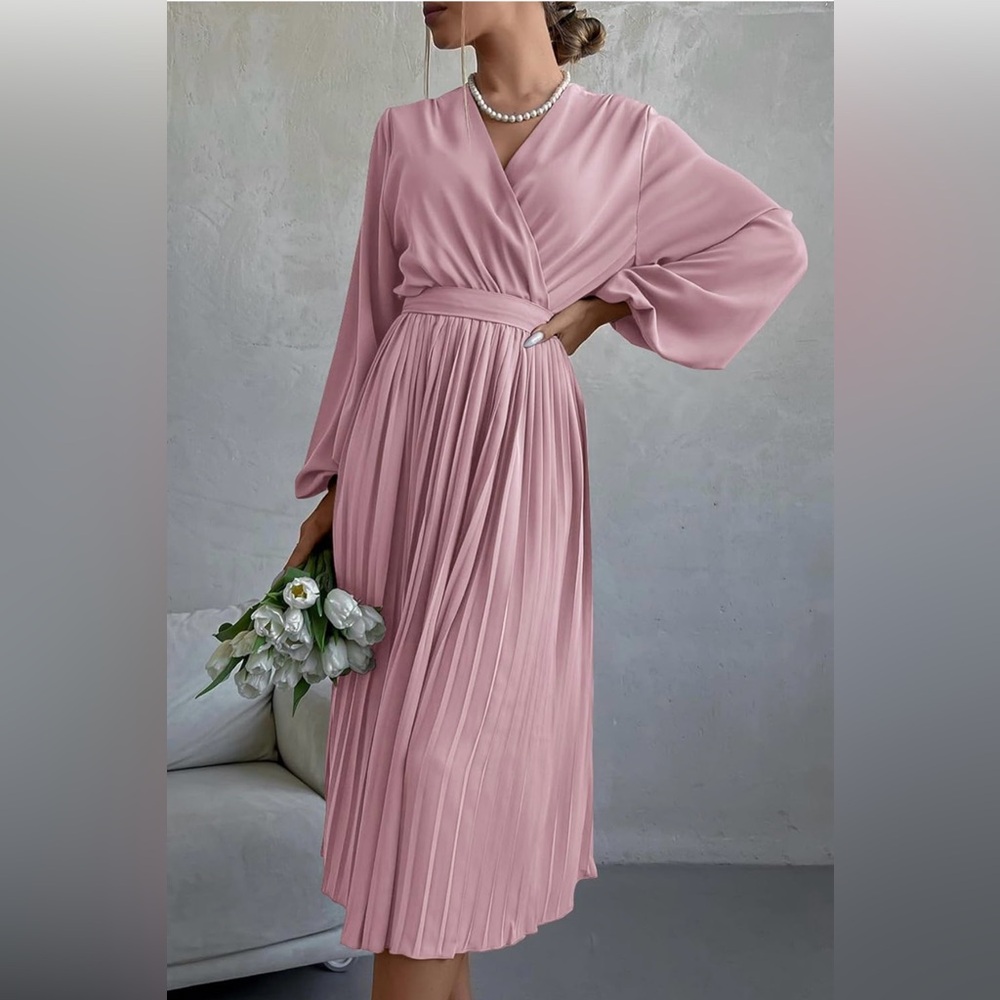 Elegant Blush Pink Pleated Midi Dress - Flowy & Feminine, Size [XXL]